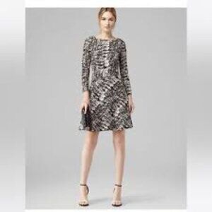 ✅ REISS Heidi Snake Print Flared‎ Dress BLACK/CREAM SIZE 4 LONG SLEEVE